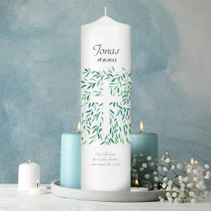 Auf dem Bild ist das Produkt: Trauerkerze Kreuz aus Blättern, personalisiert mit Namen und Datum, Trauerspruch zum Preis von €5.9 abgebildet.