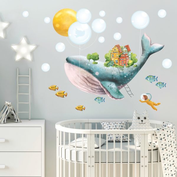 Auf dem Bild ist das Produkt: Wandtattoo Kinderzimmer bunt Wal Fische Taucher Dekoration Babyzimmer blau Mädchen Junge zum Preis von €29.9 abgebildet.