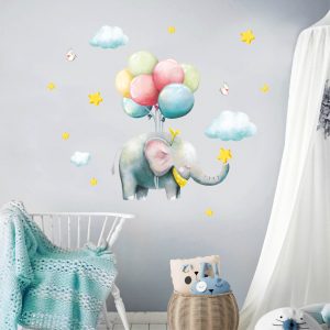 Wandtattoo Kinderzimmer Elefant mit Luftballons, Dekoration Babyzimmer Auf dem Bild ist das Produkt: Wandtattoo Kinderzimmer Elefant mit Luftballons, Dekoration Babyzimmer zum Preis von €24.9 abgebildet.
