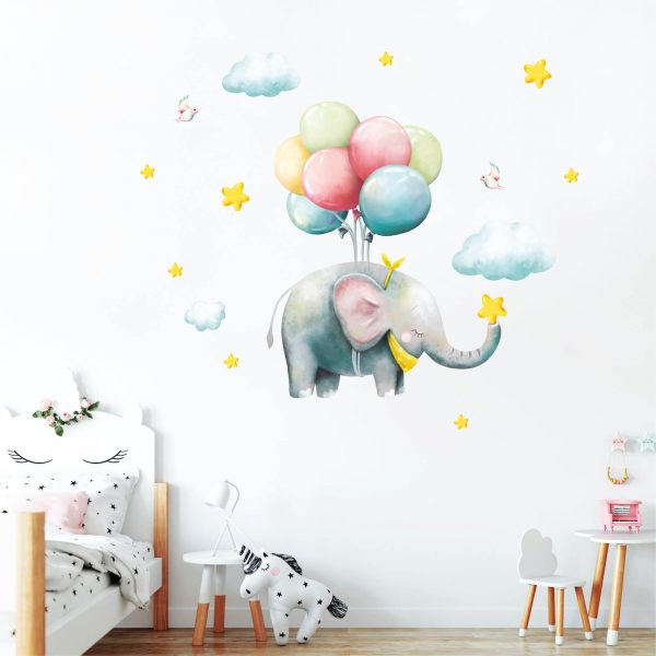 Auf dem Bild ist das Produkt: Wandtattoo Kinderzimmer Elefant mit Luftballons, Dekoration Babyzimmer zum Preis von €24.9 abgebildet.