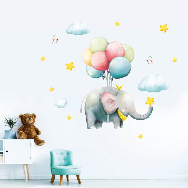Auf dem Bild ist das Produkt: Wandtattoo Kinderzimmer Elefant mit Luftballons, Dekoration Babyzimmer zum Preis von €24.9 abgebildet.