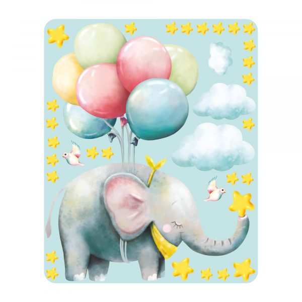 Auf dem Bild ist das Produkt: Wandtattoo Kinderzimmer Elefant mit Luftballons, Dekoration Babyzimmer zum Preis von €24.9 abgebildet.