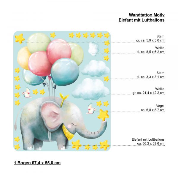 Auf dem Bild ist das Produkt: Wandtattoo Kinderzimmer Elefant mit Luftballons, Dekoration Babyzimmer zum Preis von €24.9 abgebildet.