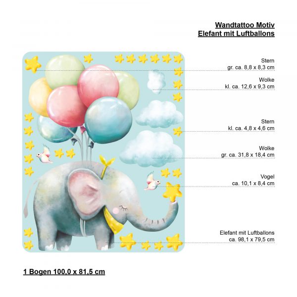 Auf dem Bild ist das Produkt: Wandtattoo Kinderzimmer Elefant mit Luftballons, Dekoration Babyzimmer zum Preis von €24.9 abgebildet.