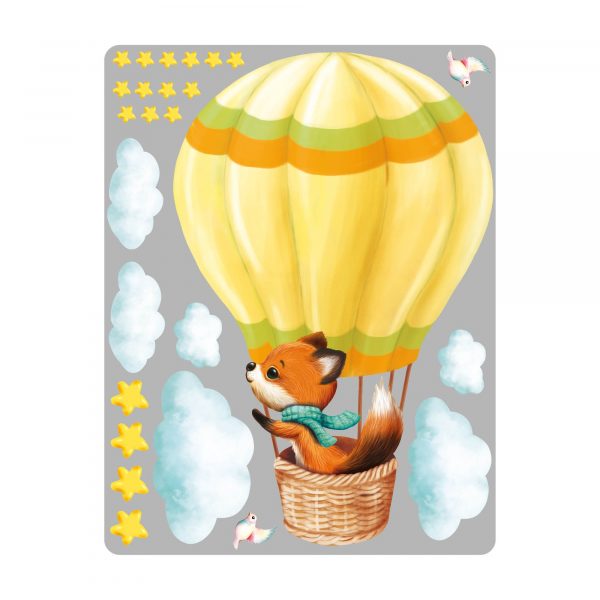 Auf dem Bild ist das Produkt: Wandtattoo Kinderzimmer Fuchs im Heißluftballon mit Wolken und Sternen Dekoration Babyzimmer zum Preis von €29.9 abgebildet.