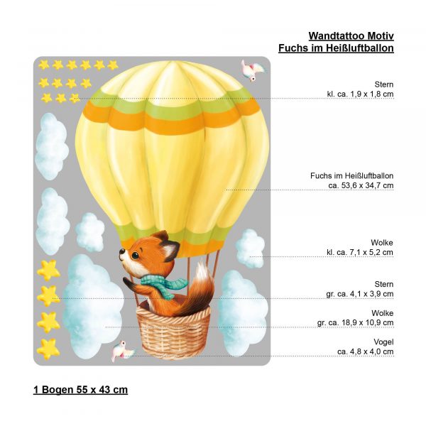 Auf dem Bild ist das Produkt: Wandtattoo Kinderzimmer Fuchs im Heißluftballon mit Wolken und Sternen Dekoration Babyzimmer zum Preis von €29.9 abgebildet.