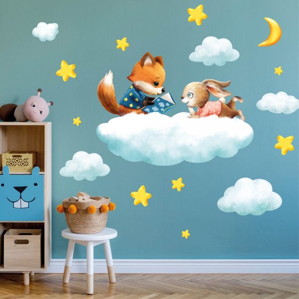 Auf dem Bild ist das Produkt: Wandtattoo Kinderzimmer Fuchs und Hase auf Wolke mit Mond und Sternen Dekoration Babyzimmer zum Preis von €34.9 abgebildet.