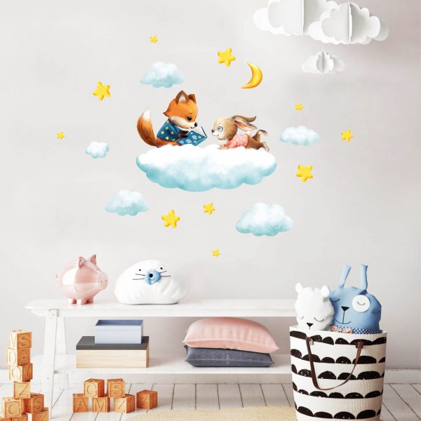 Auf dem Bild ist das Produkt: Wandtattoo Kinderzimmer Fuchs und Hase auf Wolke mit Mond und Sternen Dekoration Babyzimmer zum Preis von €34.9 abgebildet.