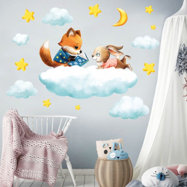 Auf dem Bild ist das Produkt: Wandtattoo Kinderzimmer Fuchs und Hase auf Wolke mit Mond und Sternen Dekoration Babyzimmer zum Preis von €34.9 abgebildet.