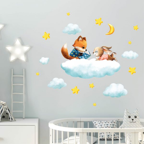 Auf dem Bild ist das Produkt: Wandtattoo Kinderzimmer Fuchs und Hase auf Wolke mit Mond und Sternen Dekoration Babyzimmer zum Preis von €34.9 abgebildet.