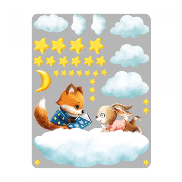 Auf dem Bild ist das Produkt: Wandtattoo Kinderzimmer Fuchs und Hase auf Wolke mit Mond und Sternen Dekoration Babyzimmer zum Preis von €34.9 abgebildet.