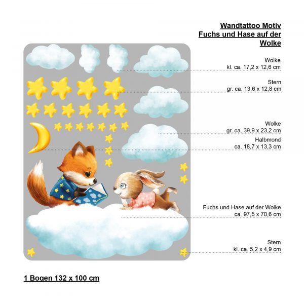 Auf dem Bild ist das Produkt: Wandtattoo Kinderzimmer Fuchs und Hase auf Wolke mit Mond und Sternen Dekoration Babyzimmer zum Preis von €34.9 abgebildet.