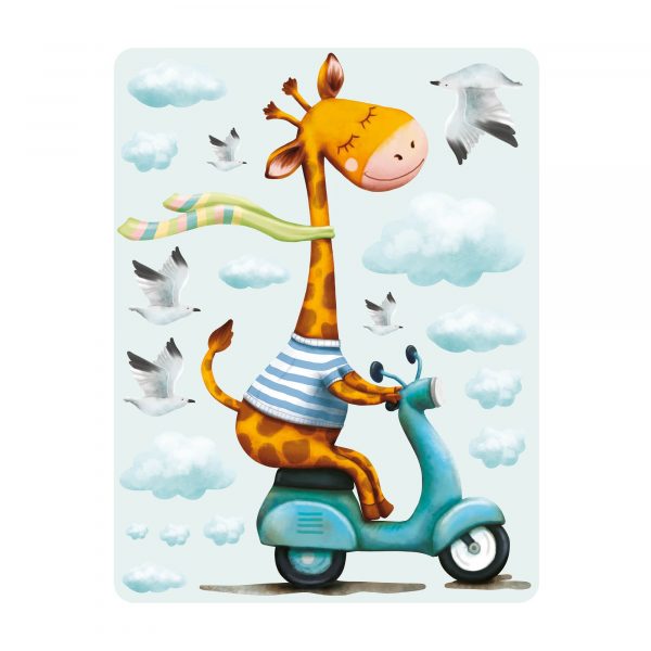 Auf dem Bild ist das Produkt: Wandtattoo Kinderzimmer Giraffe auf Roller Scooter, Dekoration Babyzimmer zum Preis von €29.9 abgebildet.