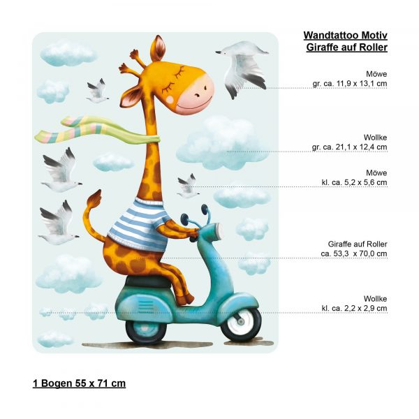 Auf dem Bild ist das Produkt: Wandtattoo Kinderzimmer Giraffe auf Roller Scooter, Dekoration Babyzimmer zum Preis von €29.9 abgebildet.