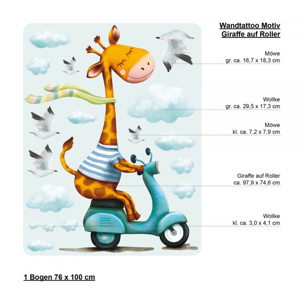 Auf dem Bild ist das Produkt: Wandtattoo Kinderzimmer Giraffe auf Roller Scooter, Dekoration Babyzimmer zum Preis von €29.9 abgebildet.