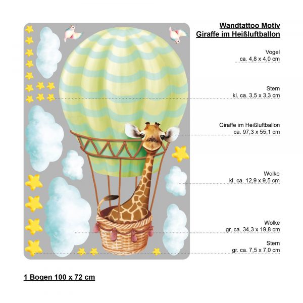 Auf dem Bild ist das Produkt: Wandtattoo Kinderzimmer Giraffe im Heißluftballon mit Wolken und Sternen Dekoration Babyzimmer zum Preis von €29.9 abgebildet.