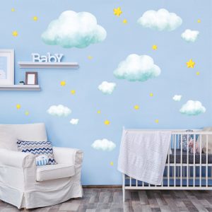 Auf dem Bild ist das Produkt: Wandtattoo Kinderzimmer Große Wolken und Sterne Dekoration Babyzimmer zum Preis von €39.90 abgebildet.