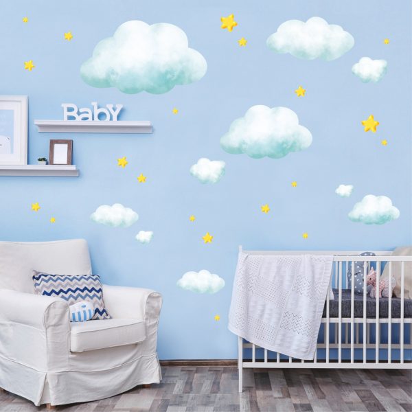 Auf dem Bild ist das Produkt: Wandtattoo Kinderzimmer Große Wolken und Sterne Dekoration Babyzimmer zum Preis von €39.90 abgebildet.
