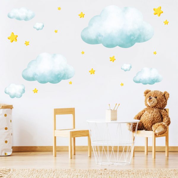 Auf dem Bild ist das Produkt: Wandtattoo Kinderzimmer Große Wolken und Sterne Dekoration Babyzimmer zum Preis von €39.90 abgebildet.