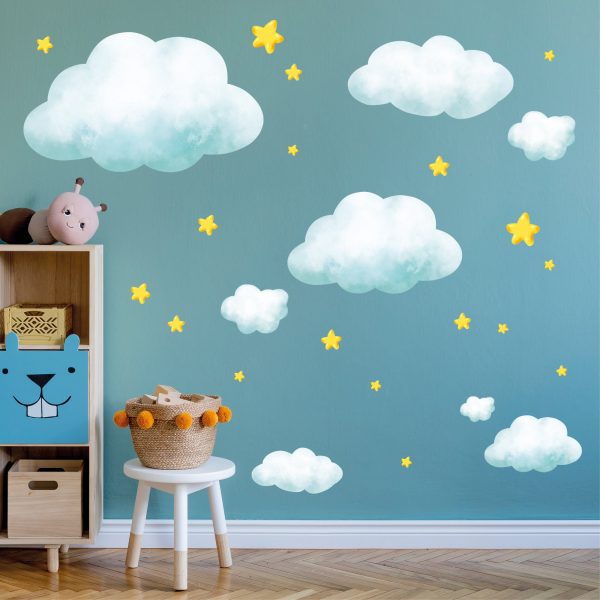Auf dem Bild ist das Produkt: Wandtattoo Kinderzimmer Große Wolken und Sterne Dekoration Babyzimmer zum Preis von €39.90 abgebildet.