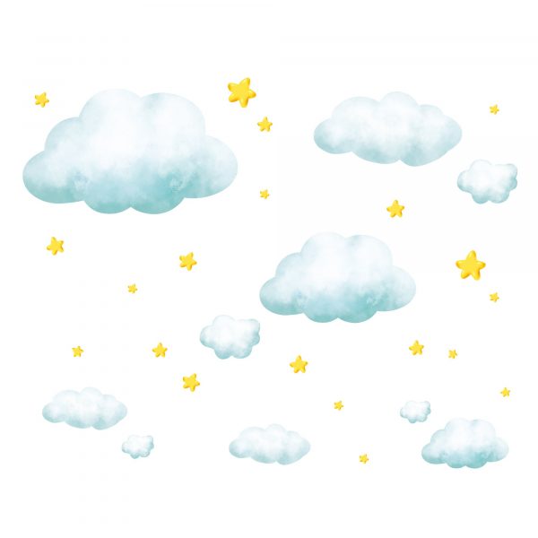 Auf dem Bild ist das Produkt: Wandtattoo Kinderzimmer Große Wolken und Sterne Dekoration Babyzimmer zum Preis von €39.90 abgebildet.