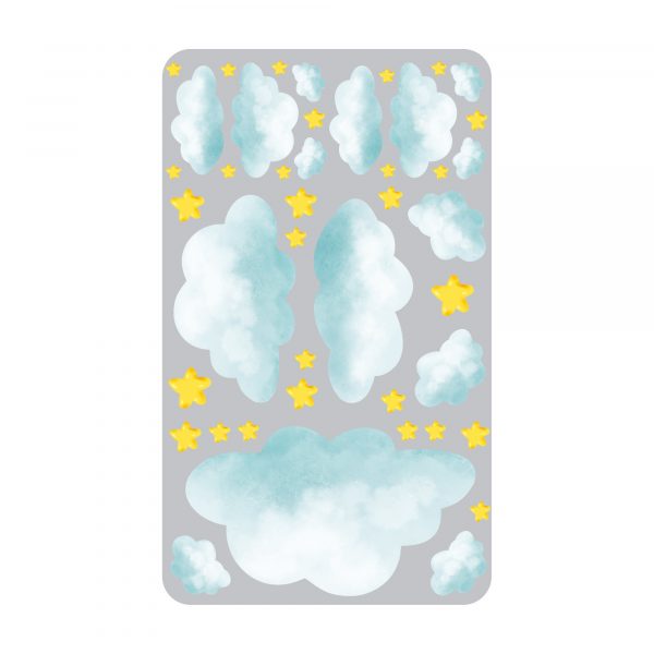 Auf dem Bild ist das Produkt: Wandtattoo Kinderzimmer Große Wolken und Sterne Dekoration Babyzimmer zum Preis von €39.90 abgebildet.