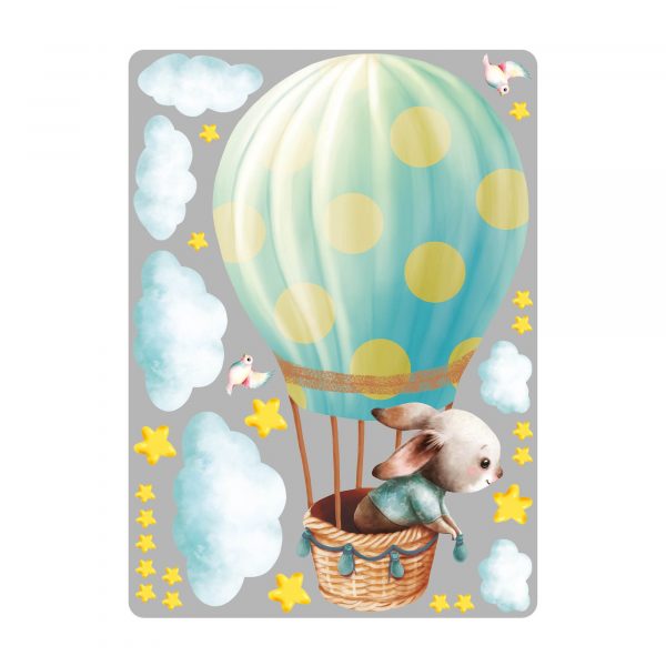 Auf dem Bild ist das Produkt: Wandtattoo Kinderzimmer Hase im Heißluftballon mit Wolken und Sternen Dekoration Babyzimmer zum Preis von €29.9 abgebildet.