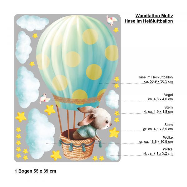 Auf dem Bild ist das Produkt: Wandtattoo Kinderzimmer Hase im Heißluftballon mit Wolken und Sternen Dekoration Babyzimmer zum Preis von €29.9 abgebildet.