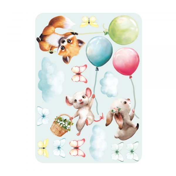 Auf dem Bild ist das Produkt: Wandtattoo Kinderzimmer Hase, Maus und Fuchs mit Luftballons, Wolken und Schmetterlinge Dekoration Babyzimmer zum Preis von €29.9 abgebildet.
