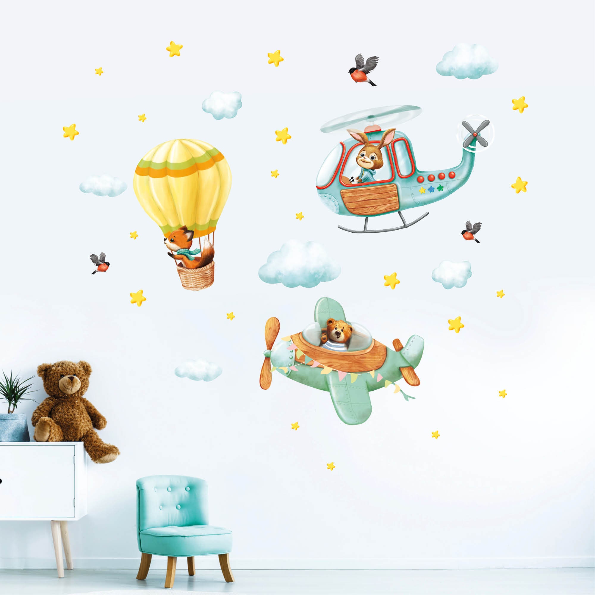 Wandtattoo Kinderzimmer Heißluftballon, Flugzeug und Hubschrauber, Dekoration Babyzimmer
