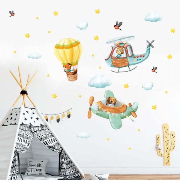 Auf dem Bild ist das Produkt: Wandtattoo Kinderzimmer Heißluftballon, Flugzeug und Hubschrauber, Dekoration Babyzimmer zum Preis von €39.90 abgebildet.