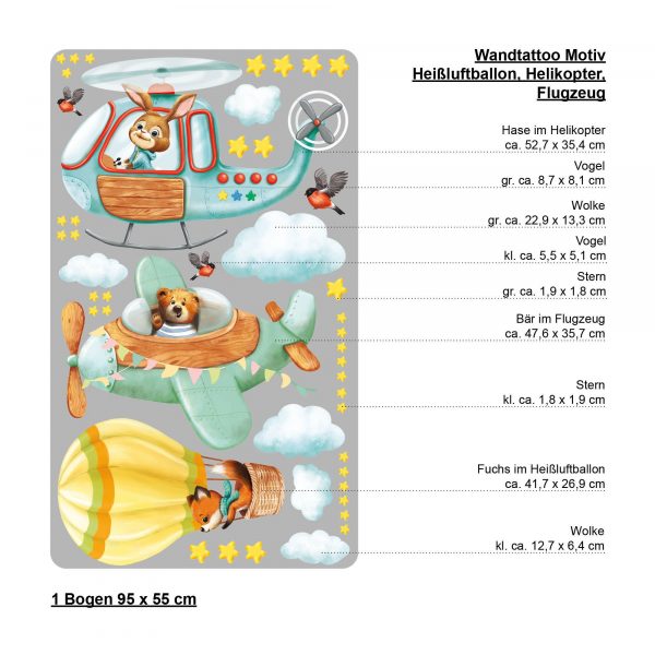 Auf dem Bild ist das Produkt: Wandtattoo Kinderzimmer Heißluftballon, Flugzeug und Hubschrauber, Dekoration Babyzimmer zum Preis von €39.90 abgebildet.