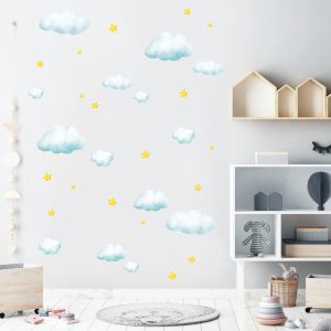 Wandtattoo Kinderzimmer Kleine Wolken und Sterne Dekoration Babyzimmer Auf dem Bild ist das Produkt: Wandtattoo Kinderzimmer Kleine Wolken und Sterne Dekoration Babyzimmer zum Preis von €19.90 abgebildet.