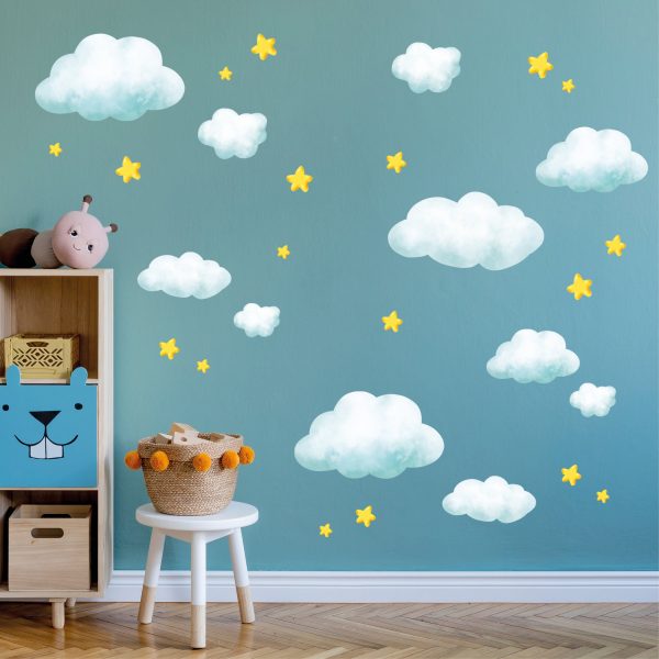 Auf dem Bild ist das Produkt: Wandtattoo Kinderzimmer Kleine Wolken und Sterne Dekoration Babyzimmer zum Preis von €19.90 abgebildet.