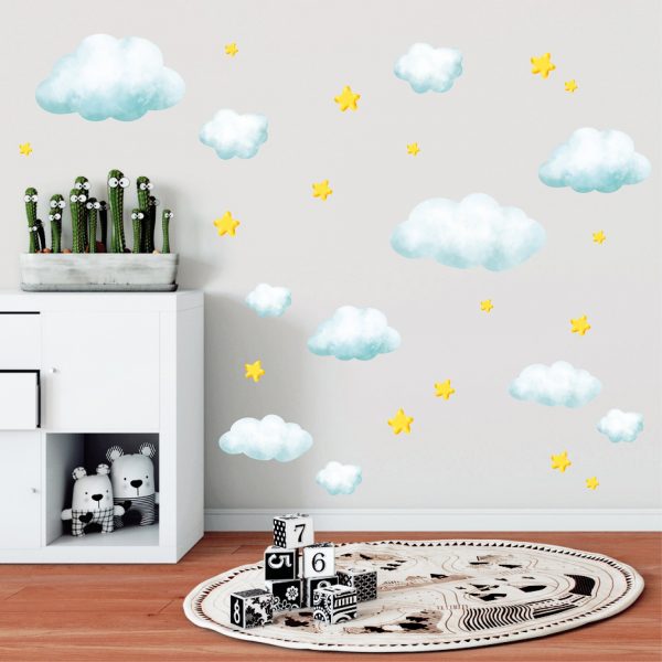 Auf dem Bild ist das Produkt: Wandtattoo Kinderzimmer Kleine Wolken und Sterne Dekoration Babyzimmer zum Preis von €19.90 abgebildet.