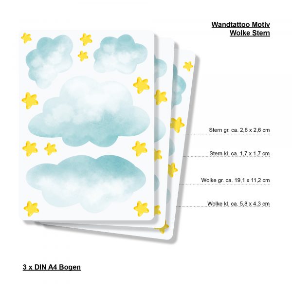 Auf dem Bild ist das Produkt: Wandtattoo Kinderzimmer Kleine Wolken und Sterne Dekoration Babyzimmer zum Preis von €19.90 abgebildet.