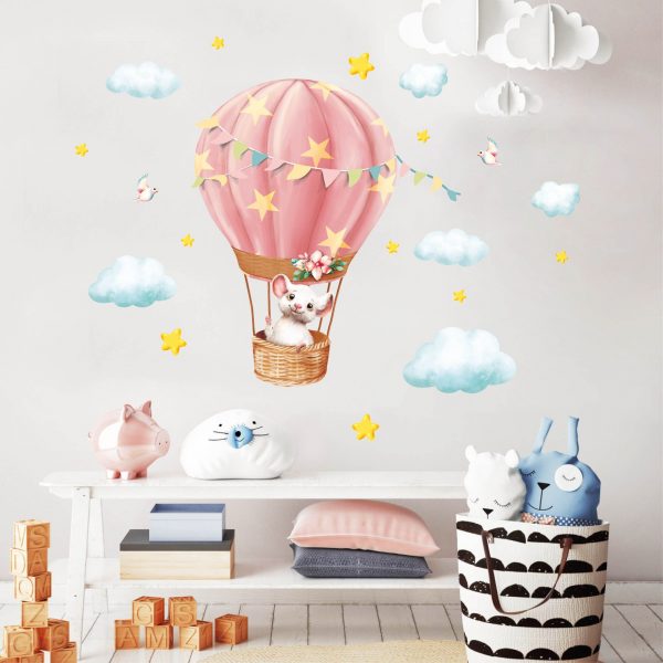 Auf dem Bild ist das Produkt: Wandtattoo Kinderzimmer Maus im Heißluftballon mit Wolken und Sternen Dekoration Babyzimmer zum Preis von €29.9 abgebildet.