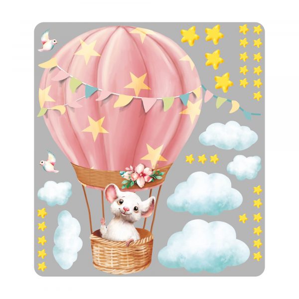 Auf dem Bild ist das Produkt: Wandtattoo Kinderzimmer Maus im Heißluftballon mit Wolken und Sternen Dekoration Babyzimmer zum Preis von €29.9 abgebildet.