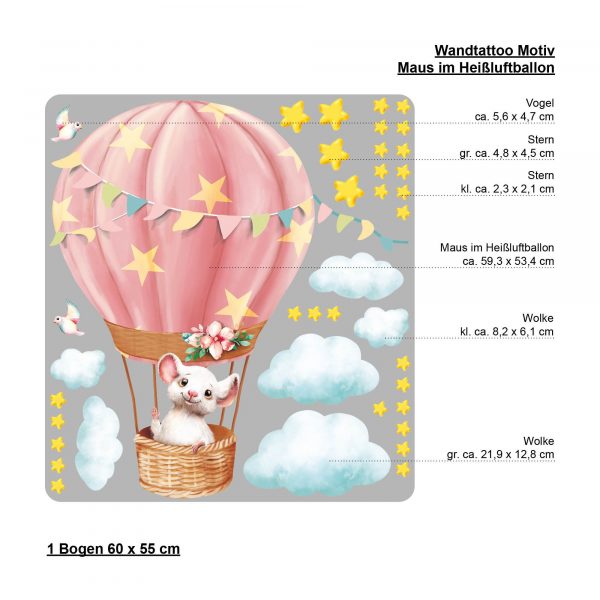 Auf dem Bild ist das Produkt: Wandtattoo Kinderzimmer Maus im Heißluftballon mit Wolken und Sternen Dekoration Babyzimmer zum Preis von €29.9 abgebildet.