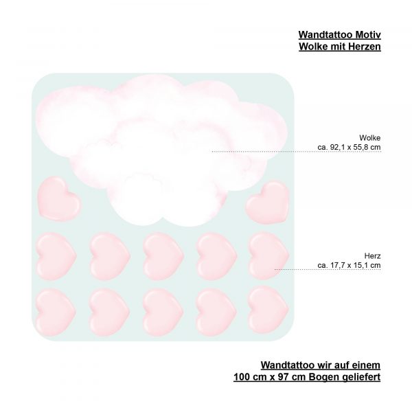 Auf dem Bild ist das Produkt: Wandtattoo Kinderzimmer Wolke und rosa Herzen, Dekoration Babyzimmer Mädchen zum Preis von €29.9 abgebildet.