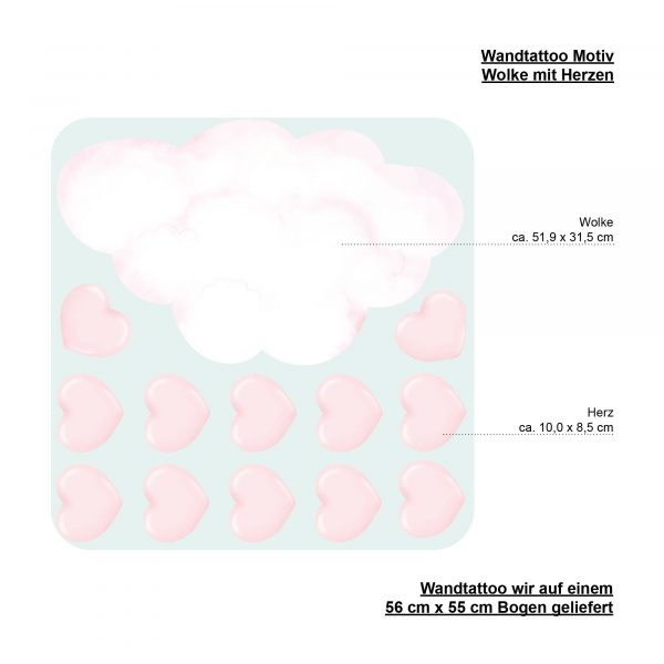 Auf dem Bild ist das Produkt: Wandtattoo Kinderzimmer Wolke und rosa Herzen, Dekoration Babyzimmer Mädchen zum Preis von €29.9 abgebildet.