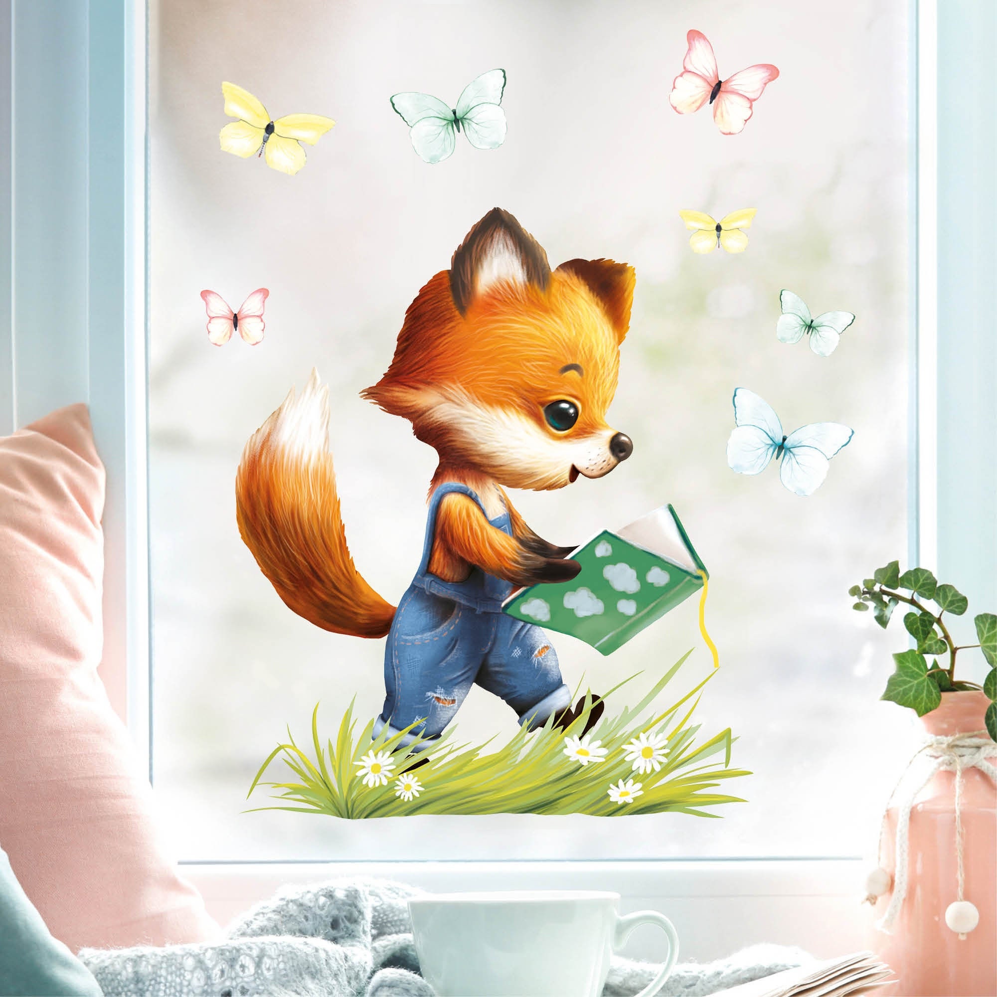 Wiederverwendbares Fensterbild Frühling Ostern Fuchs mit Buch und Schmetterlingen, Fensterdeko Kinderzimmer Kind, Frühlingsdeko
