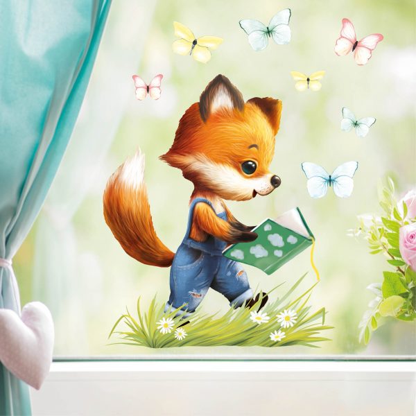 Auf dem Bild ist das Produkt: Wiederverwendbares Fensterbild Frühling Ostern Fuchs mit Buch und Schmetterlingen, Fensterdeko Kinderzimmer Kind, Frühlingsdeko zum Preis von €14.9 abgebildet.