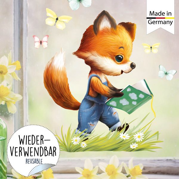 Auf dem Bild ist das Produkt: Wiederverwendbares Fensterbild Frühling Ostern Fuchs mit Buch und Schmetterlingen, Fensterdeko Kinderzimmer Kind, Frühlingsdeko zum Preis von €14.9 abgebildet.