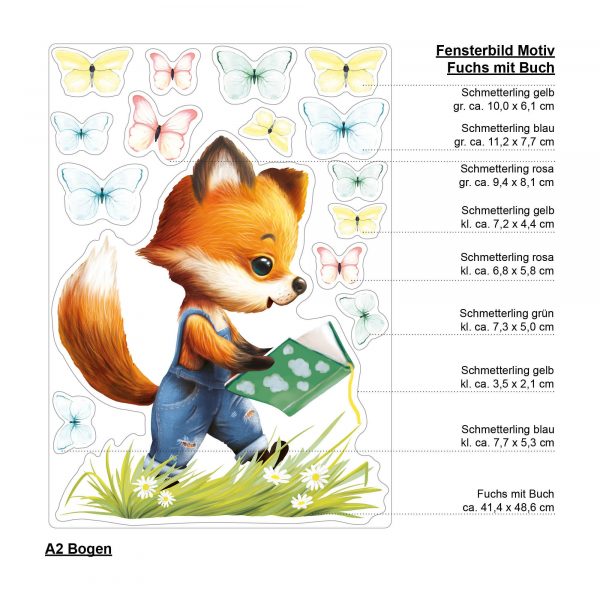 Auf dem Bild ist das Produkt: Wiederverwendbares Fensterbild Frühling Ostern Fuchs mit Buch und Schmetterlingen, Fensterdeko Kinderzimmer Kind, Frühlingsdeko zum Preis von €14.9 abgebildet.