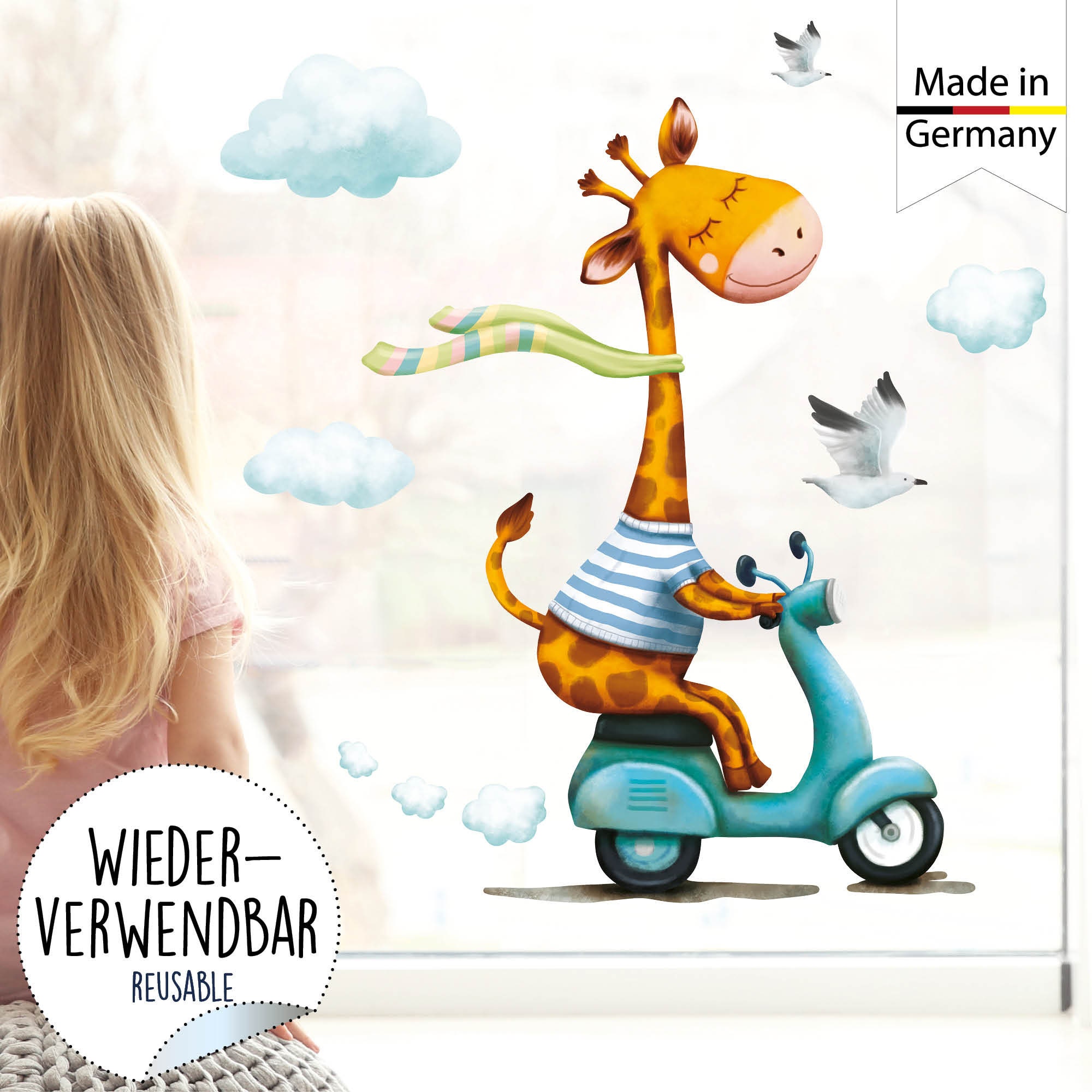 Wiederverwendbares Fensterbild Frühling Ostern Giraffe auf Motorroller, Fensterdeko Kinderzimmer Kind, Frühlingsdeko