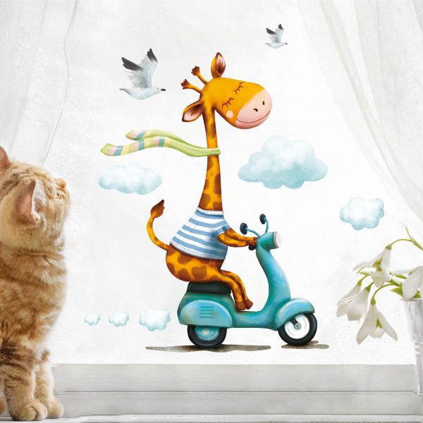 Auf dem Bild ist das Produkt: Wiederverwendbares Fensterbild Frühling Ostern Giraffe auf Motorroller, Fensterdeko Kinderzimmer Kind, Frühlingsdeko zum Preis von €14.9 abgebildet.