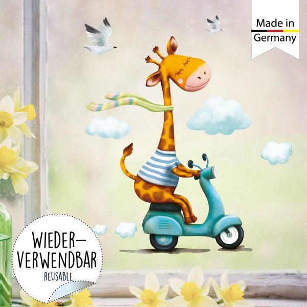 Auf dem Bild ist das Produkt: Wiederverwendbares Fensterbild Frühling Ostern Giraffe auf Motorroller, Fensterdeko Kinderzimmer Kind, Frühlingsdeko zum Preis von €14.9 abgebildet.