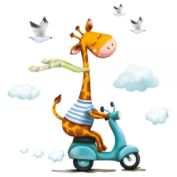 Auf dem Bild ist das Produkt: Wiederverwendbares Fensterbild Frühling Ostern Giraffe auf Motorroller, Fensterdeko Kinderzimmer Kind, Frühlingsdeko zum Preis von €14.9 abgebildet.