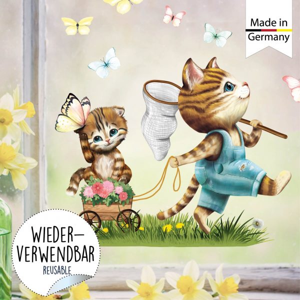Auf dem Bild ist das Produkt: Wiederverwendbares Fensterbild Frühling Ostern Katze mit Schubkarre Schmetterlinge, Fensterdeko Kinderzimmer Kind, Frühlingsdeko zum Preis von €14.9 abgebildet.
